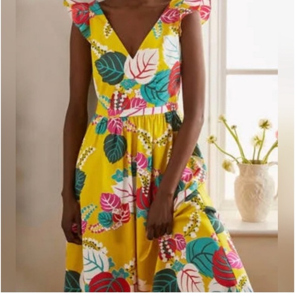 Boden Andrea Frill Sleeve Maxi/Midi Dress Yellow Pink Floral Fit Flare US 12R - Picture 3 of 12